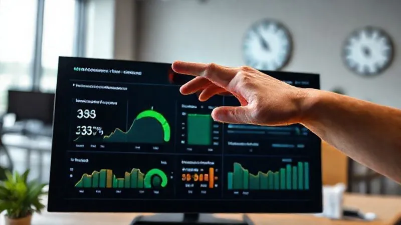 Photorealistic, professional photography, 8K, cinematic lighting, sharp focus, depth of field, shot on a high-end DSLR. A vibrant, interactive digital dashboard displaying key performance indicators for a project, with graphs showing "On-time Delivery Rate" at 95%, "Cycle Time" decreasing, and "Schedule Variance" in the positive. A hand hovers over a 'green' status indicator, symbolizing successful project management. The background is a blurred, modern office space with subtle hints of global time zones on a wall clock.