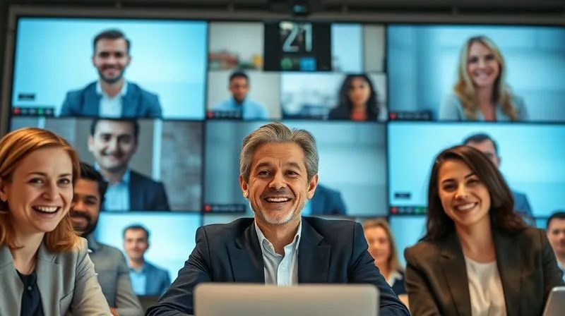 A photorealistic image of a diverse group of professionals engaged in a video conference call, with multiple screens showing smiling faces. One person is actively speaking, their words appearing as elegant, translucent digital text bubbles in the air around them, symbolizing clear and effective communication. Cinematic lighting, sharp focus on the speaker, depth of field blurring other screens, 8K hyper-detailed.