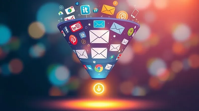 A photorealistic, vibrant image of a digital marketing funnel, starting broad at the top with diverse digital icons (social media, search engines) flowing into a narrower middle section with email envelopes and content pieces, finally leading to a single, bright conversion point at the bottom, represented by a glowing 'success' icon. Cinematic lighting, sharp focus on the funnel's flow, depth of field blurring the background, 8K hyper-detailed.