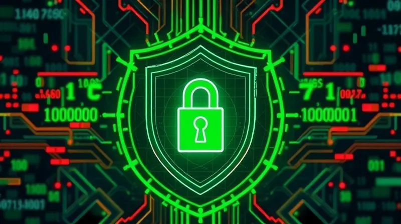 A photorealistic, professional photography, 8K, cinematic lighting, sharp focus, depth of field, shot on a high-end DSLR of a secure digital fortress, represented by interlocking geometric shapes forming a shield around a glowing data core. Green binary code flows around it, while malicious red digital threats are visibly deflected. The overall mood is one of protection and advanced security, with a subtle blue and green color palette.