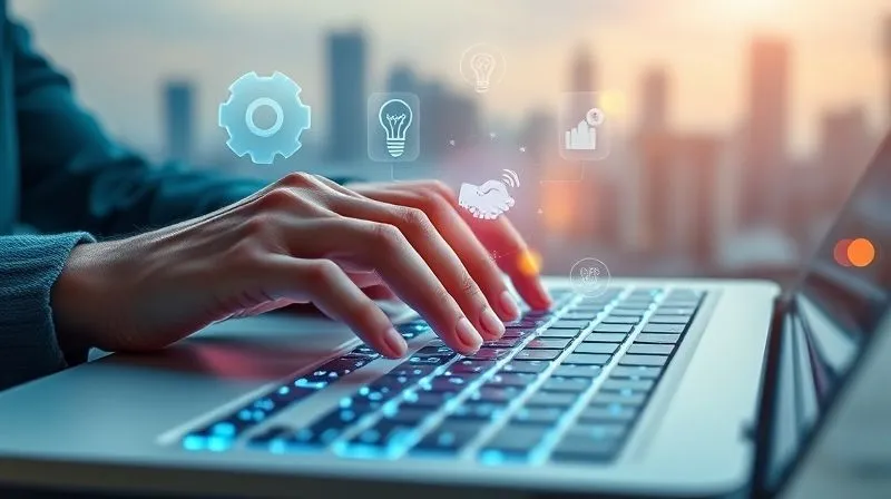 A photorealistic, professional photography, 8K, cinematic lighting, sharp focus, depth of field, shot on a high-end DSLR of a person's hands actively typing on a holographic keyboard, with various digital skill icons (a gear for technical skill, a lightbulb for innovation, a handshake for collaboration) floating around and merging with their fingers, symbolizing the integration and mastery of diverse digital competencies. The background is a subtle, futuristic cityscape, suggesting a forward-looking and adaptable professional.