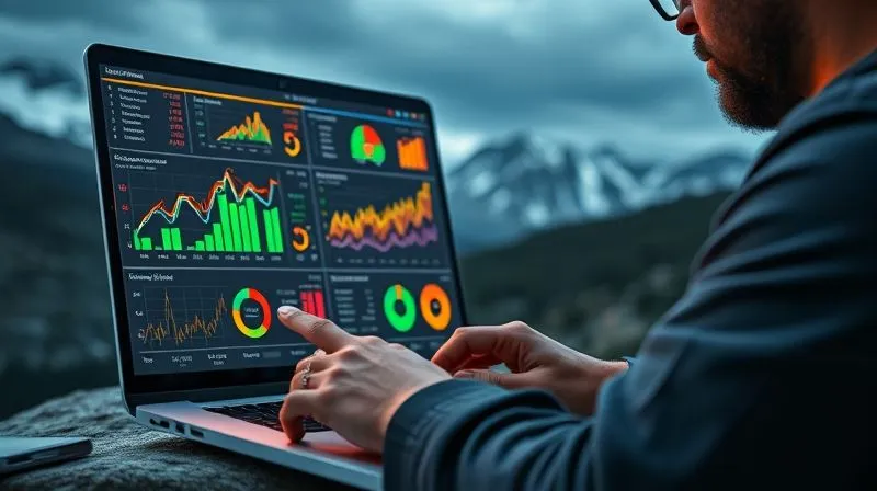 A photorealistic image of a digital nomad intently analyzing a complex, colorful data dashboard on a laptop screen, with a backdrop of a serene mountain landscape. The screen glows with intricate charts and graphs, representing business insights. Cinematic lighting emphasizes concentration, sharp focus on the screen and nomad's hands, 8K, high-end DSLR.