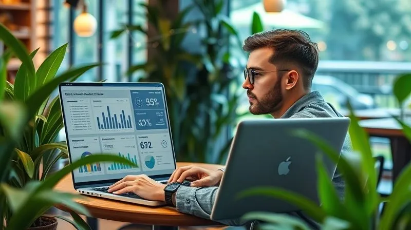 A photorealistic, professional photography image of a digital nomad sitting comfortably in a vibrant cafe, surrounded by lush plants, looking at a laptop screen displaying a complex digital marketing dashboard with various KPIs (Key Performance Indicators) and analytics graphs. A subtle overlay of network lines and social media icons visually connects the data to global reach. Cinematic lighting, sharp focus on the screen and the nomad's thoughtful expression, 8K, high-end DSLR.
