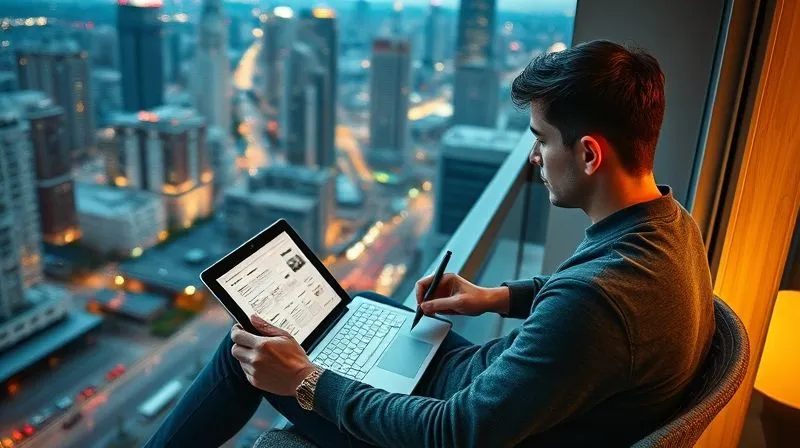 A photorealistic image of a digital nomad, a young man with a tablet and stylus, sketching UI wireframes for a mobile app while sitting on a balcony overlooking a bustling city. His laptop displays a polished Figma design. The scene conveys creativity and focus amidst urban energy, with cinematic lighting, sharp focus on the design tools, 8K, high-end DSLR.