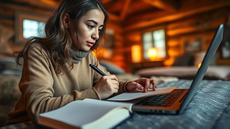 A photorealistic image of a digital nomad, a young woman, intensely focused on writing on a laptop, with an open notebook and pen beside her. The background shows a cozy, warmly lit interior of a remote cabin, suggesting deep concentration and creativity. Cinematic lighting, sharp focus on her hands and the screen, 8K, high-end DSLR.