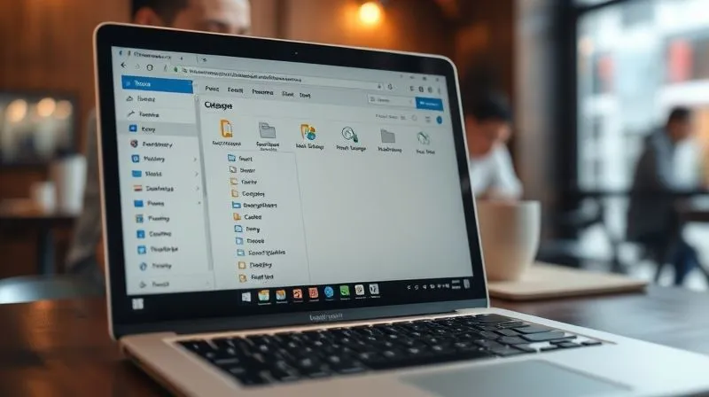 A photorealistic image of a laptop screen displaying a clean, hierarchical folder structure in a cloud storage interface, with clearly labeled categories and subfolders. The background shows a blurry image of a person working in a cafe in a foreign city, cinematic lighting, sharp focus on the screen, depth of field. Professional photography, 8K hyper-detailed.