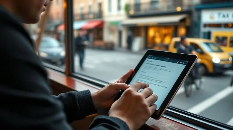 A photorealistic image of a person sitting by a window in a cozy cafe, looking out at a bustling street in a foreign city, while quickly typing notes on a tablet. The tablet screen shows a clean note-taking app interface. Cinematic lighting, sharp focus on the tablet and hands, depth of field blurring the background. Professional photography, 8K hyper-detailed.