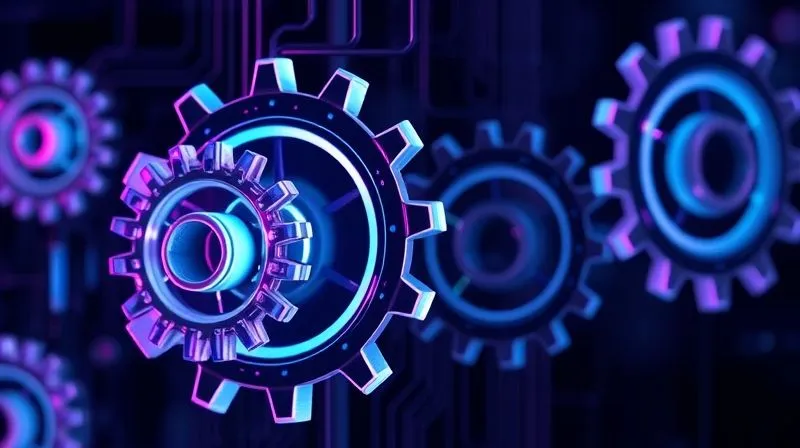 A photorealistic image of intricate digital gears interlocked and smoothly turning, representing automation and efficiency. The gears are made of light blue and purple glowing circuits, set against a dark, abstract background with subtle data streams. Cinematic lighting, sharp focus on the gears, depth of field. Professional photography, 8K hyper-detailed.