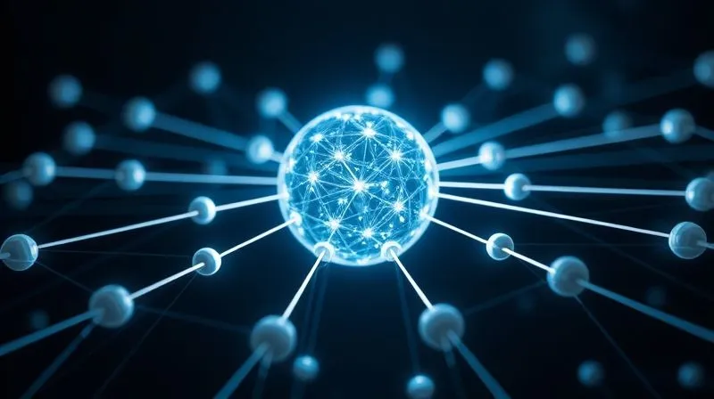 A photorealistic, abstract image of a central glowing sphere (hub) emitting multiple lines of light (spokes) connecting to smaller, distinct spheres (tools). The network is clean and organized, set against a dark, futuristic background with subtle data flows. Cinematic lighting, sharp focus on the interconnected elements, depth of field. Professional photography, 8K hyper-detailed.