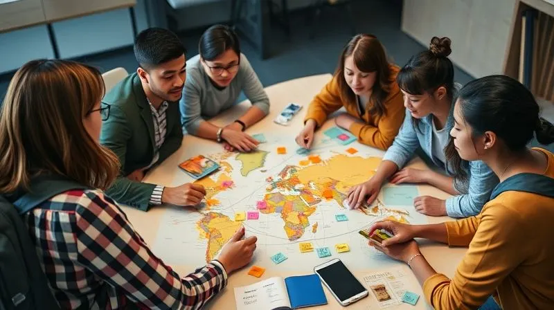 Photorealistic image of a diverse group of young professionals, some with backpacks, collaboratively brainstorming around a world map on a table, connecting travel experiences to professional skills with colorful sticky notes and strings. Cinematic lighting, sharp focus on the group's engaged faces, depth of field blurring the background, 8K hyper-detailed, shot on a high-end DSLR.
