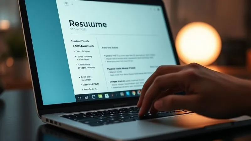 Photorealistic image of a modern, minimalist resume template displayed on a laptop screen, with a highlighted section showing 'Independent Projects & Skill Development (2020-2022)' detailing bullet points of achievements and skills. A hand is typing on the keyboard. Cinematic lighting, sharp focus on the screen, depth of field blurring the background, 8K hyper-detailed, shot on a high-end DSLR.