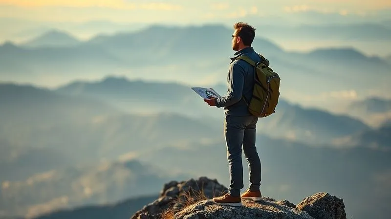 Photorealistic image of a person standing on a mountain peak, looking confidently at a challenging but beautiful landscape ahead. The person is holding a compass and a map, symbolizing strategic navigation through career challenges. Cinematic lighting, sharp focus on the individual, depth of field blurring the background, 8K hyper-detailed, shot on a high-end DSLR.