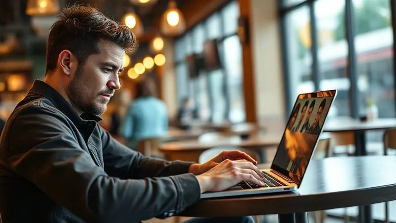 A photorealistic image of a digital nomad working on a laptop in a cafe, looking distracted by their phone while a virtual meeting is visible on the screen, cinematic lighting, sharp focus on the nomad's conflicted expression, depth of field blurring the busy cafe background. 8K hyper-detailed, professional photography, shot on a high-end DSLR.