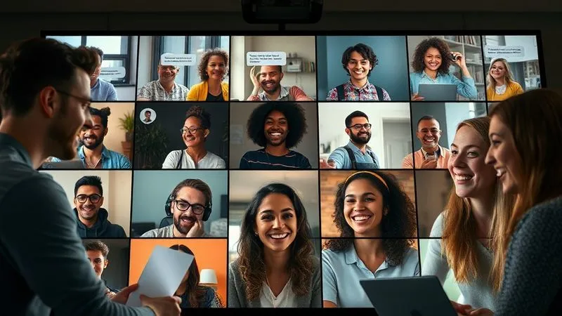 A photorealistic image of a vibrant online community, diverse digital nomads from different parts of the world smiling and interacting in a video conference grid, with chat bubbles and shared documents visible. The mood is collaborative and supportive, with cinematic lighting emphasizing connection. 8K hyper-detailed, professional photography, shot on a high-end DSLR.