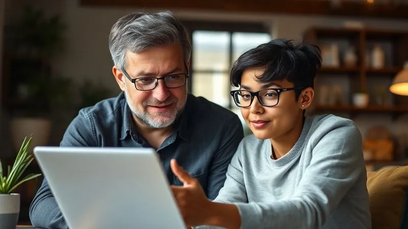 A photorealistic image of a mentor, an experienced digital nomad with a wise expression, guiding a younger nomad through an online video call, both looking focused and engaged. The background suggests a cozy, yet professional home office setup, with cinematic lighting highlighting their interaction. 8K hyper-detailed, professional photography, shot on a high-end DSLR.