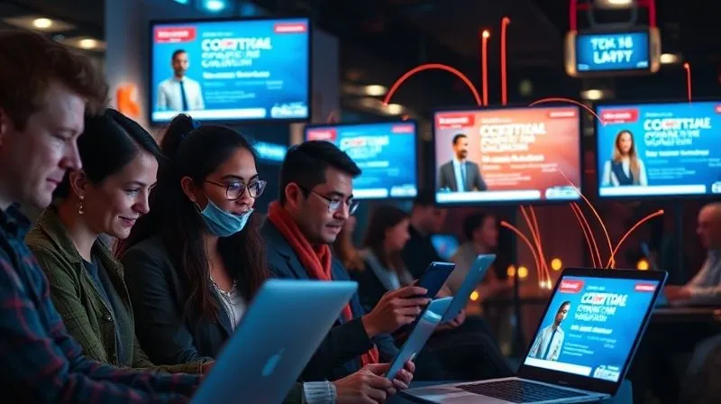 A photorealistic image of a diverse group of people (representing digital nomads) looking at various glowing screens (laptops, tablets, smartphones), each screen displaying a different, compelling remarketing ad for an online course. The scene is vibrant with digital light trails connecting the screens, symbolizing multi-channel reach. Cinematic lighting, sharp focus on the screens and faces, depth of field. 8K, professional photography.