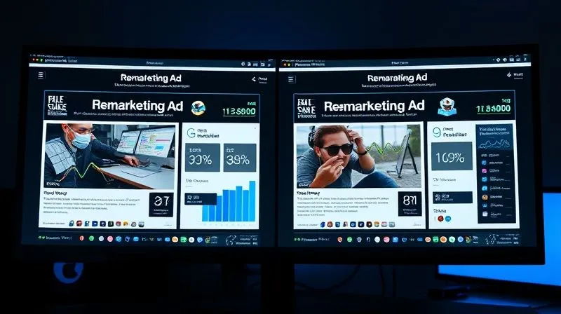 A photorealistic image of a split-screen computer monitor displaying two distinct versions of a remarketing ad side-by-side, with analytical graphs overlaid showing performance metrics. One side has higher conversion rates. Cinematic lighting, sharp focus on the screens and data, depth of field. 8K, professional photography.