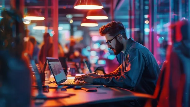 A photorealistic image of a lone digital nomad working on a laptop in a vibrant co-working space, surrounded by blurred figures, illustrating the need for self-reliance and focus amidst connectivity. Cinematic lighting, sharp focus on the nomad, depth of field. 8K hyper-detailed, professional photography, shot on a high-end DSLR.