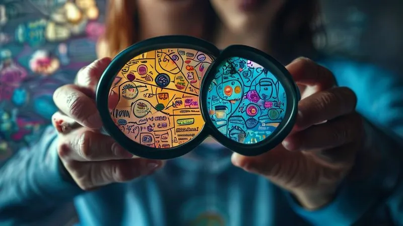 A photorealistic image of a person holding a magnifying glass over a mind map filled with various soft skills, illustrating the process of self-assessment and goal setting. Cinematic lighting, sharp focus on the mind map, depth of field. 8K hyper-detailed, professional photography, shot on a high-end DSLR.