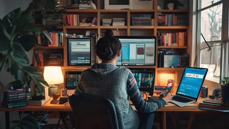 A photorealistic image of a person sitting in a cozy home office, surrounded by open books, a laptop displaying an online course, and a smartphone showing a community forum, illustrating the diverse resources for self-taught soft skills development. Cinematic lighting, sharp focus on the person and their tools, depth of field. 8K hyper-detailed, professional photography, shot on a high-end DSLR.