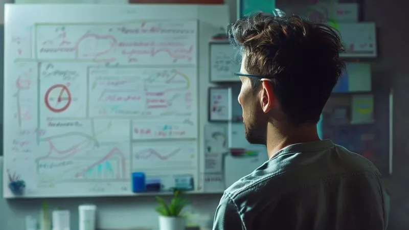 A photorealistic image of a person looking thoughtfully at a whiteboard filled with handwritten notes, charts, and arrows, representing the tracking of personal growth and soft skill development. Cinematic lighting, sharp focus on the whiteboard, depth of field. 8K hyper-detailed, professional photography, shot on a high-end DSLR.