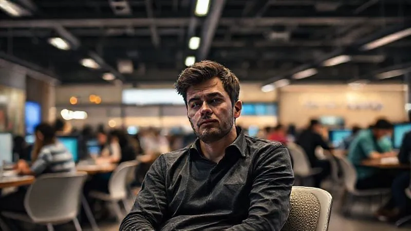 A photorealistic image of a person sitting alone in a bustling co-working space, looking overwhelmed and isolated despite being surrounded by others. The lighting is slightly dim around the person, highlighting their fatigue, while the rest of the space is bright and energetic. 8K, cinematic lighting, sharp focus, depth of field, shot on a high-end DSLR.