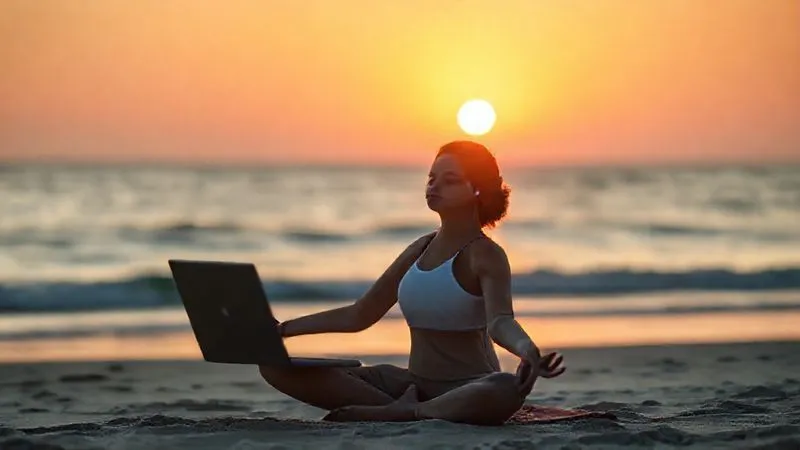 A photorealistic image of a digital nomad practicing yoga on a quiet beach at sunrise, laptop closed and placed respectfully aside. The person is in a peaceful pose, with the warm glow of the sun on their face, conveying serenity and balance. 8K, cinematic lighting, sharp focus, depth of field, shot on a high-end DSLR.