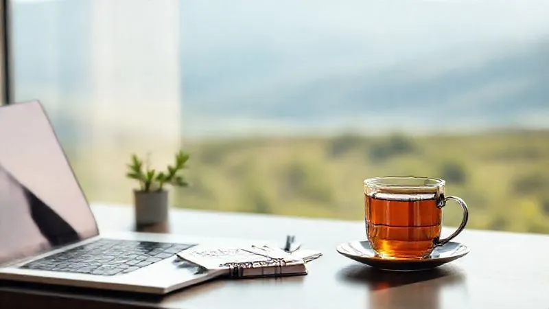 A photorealistic image of a sleek, minimalist digital nomad desk setup with a laptop, a well-organized planner, a small plant, and a cup of herbal tea. The background is a blurred view of a peaceful, sunlit landscape, conveying a sense of calm and controlled productivity. 8K, cinematic lighting, sharp focus, depth of field, shot on a high-end DSLR.