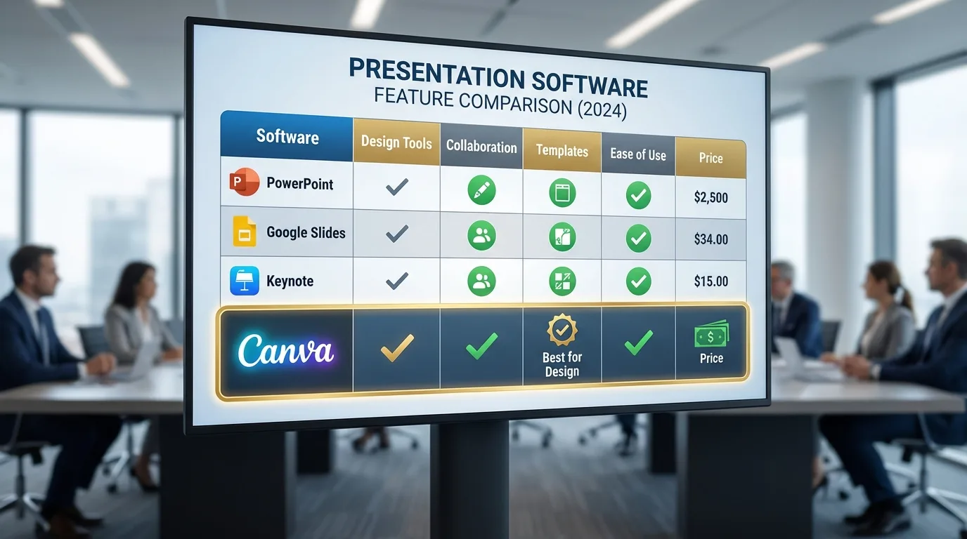 Tabela comparativa entre Canva, PowerPoint e Prezi, destacando os pontos fortes do Canva em interatividade e personalização.