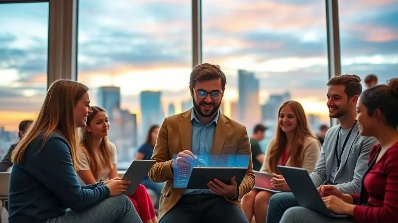 A photorealistic image of a diverse group of young adults, some with laptops, smiling and engaged in a vibrant, modern co-working space with large windows overlooking a city skyline at sunset. A central figure, a tutor, is interacting with a student via a holographic projection or a high-tech tablet, symbolizing online connection. Cinematic lighting, sharp focus on the interaction, depth of field blurring the background, 8K hyper-detailed, professional photography, shot on a high-end DSLR.