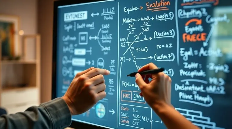 A photorealistic image of a digital whiteboard displaying complex equations, mind maps, and collaborative annotations, with two hands (one professional, one student-like) interacting with the screen using digital pens. The background is a blurred modern home office. Cinematic lighting, sharp focus on the whiteboard, depth of field, 8K hyper-detailed, professional photography, shot on a high-end DSLR.