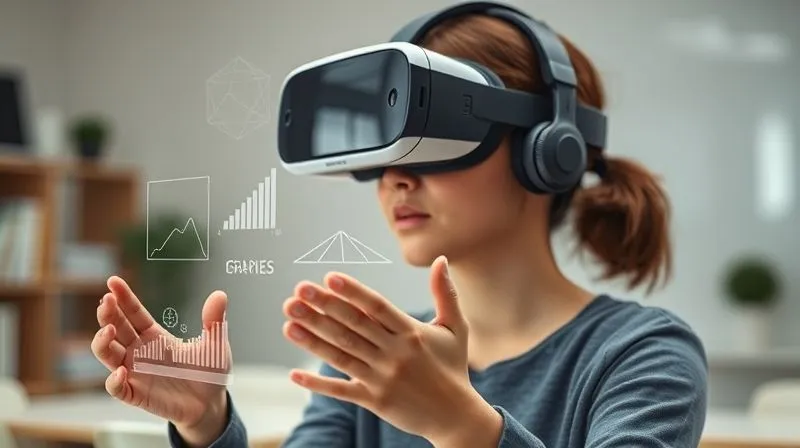A photorealistic image of a student wearing a sleek VR headset, immersed in a virtual classroom environment. The student's hands are interacting with holographic projections of educational content – graphs, 3D models, and text. The background is a subtly blurred modern, minimalist study space. Cinematic lighting, sharp focus on the VR interaction, depth of field, 8K hyper-detailed, professional photography, shot on a high-end DSLR.