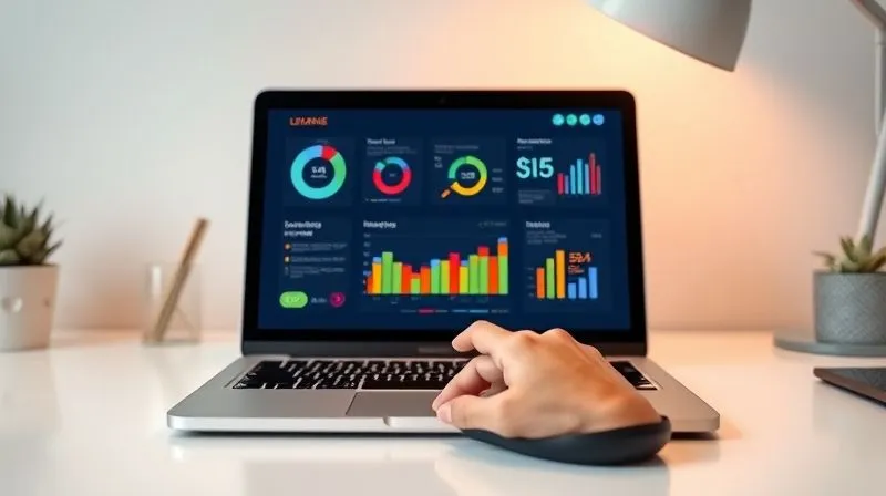 A photorealistic image of a clean, minimalist desk with a laptop displaying a progress dashboard. The dashboard features colorful charts and graphs showing learning progress, skill acquisition, and goal achievement metrics. A hand is hovering over a mouse, pointing to a positive trend. Cinematic lighting, sharp focus on the screen, depth of field, 8K hyper-detailed, professional photography, shot on a high-end DSLR.