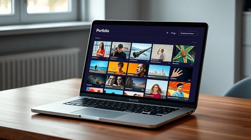 A photorealistic image of a sleek, modern laptop displaying a vibrant and professionally designed digital portfolio. The screen shows diverse project thumbnails, clean typography, and a clear navigation menu. The laptop is placed on a minimalist wooden desk, with soft, natural light coming from a window, creating a focused and inspiring atmosphere. Professional photography, 8K, cinematic lighting, sharp focus, depth of field, shot on a high-end DSLR.