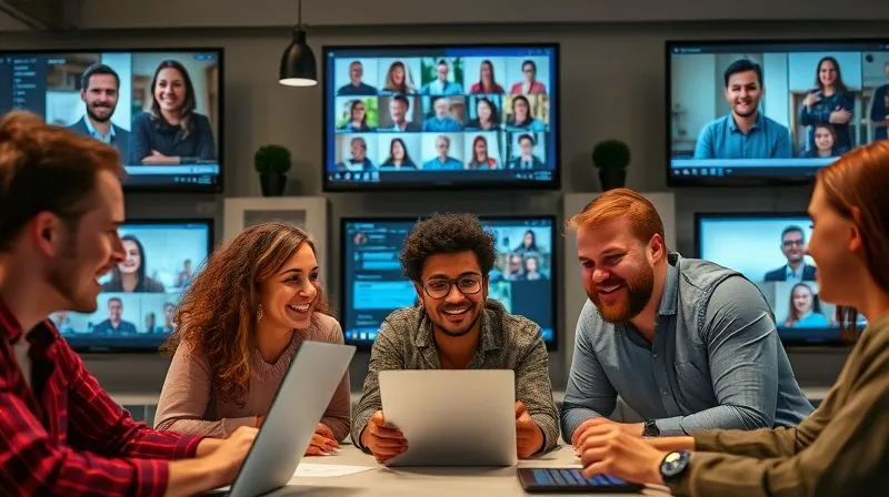 A photorealistic image of a diverse group of digital nomads and professionals collaborating and interacting in a dynamic online community. Multiple screens show video calls, chat windows, and shared documents. The individuals are smiling, engaged, and appear to be from different parts of the world, symbolizing global connection and shared knowledge. Cinematic lighting, sharp focus on the faces and screens, depth of field blurring the background. Professional photography, 8K, shot on a high-end DSLR.