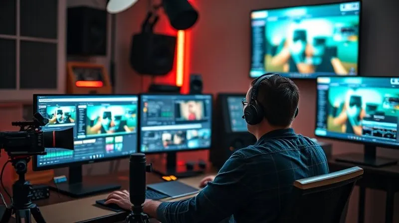 A photorealistic image of a creative digital content creator actively working on multiple screens, surrounded by professional audio and video equipment. They are focused, perhaps editing a video or writing a blog post, with a vibrant, modern workspace setup. The scene conveys expertise and the dynamic nature of digital content creation. Cinematic lighting, sharp focus on the creator and screens, depth of field blurring the background. Professional photography, 8K, shot on a high-end DSLR.