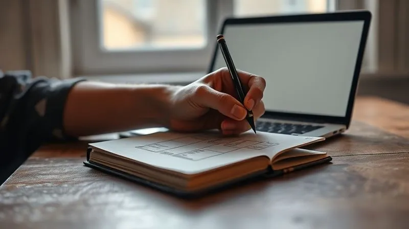 A photorealistic image of a digital nomad's hand sketching a minimalist wireframe of a mobile app interface onto a rustic notebook with a pencil, a simple, lightweight laptop open in the background, out of focus. Soft, natural light from a window illuminates the scene. Sharp focus on the sketching hand and notebook. 8K hyper-detailed, professional photography, shot on a high-end DSLR.