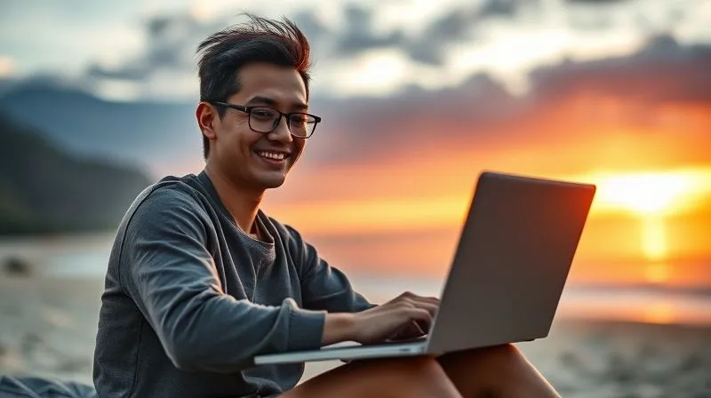 A photorealistic image of a person with a serene, confident smile, working on a simple, lightweight laptop outdoors, perhaps on a scenic beach at sunset or a mountain view. A subtle, glowing UI prototype is visible on the screen, symbolizing successful remote work. The background is a beautifully blurred natural landscape, conveying freedom and peace. Cinematic lighting, sharp focus on the person and laptop, depth of field. 8K hyper-detailed, professional photography, shot on a high-end DSLR.