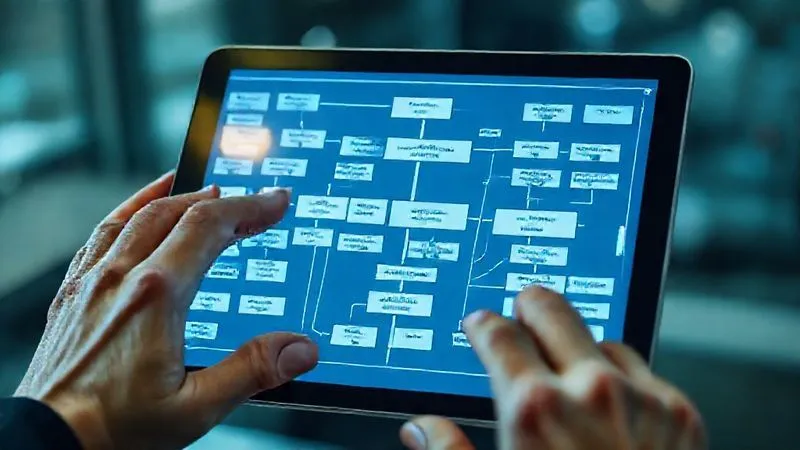 A photorealistic image of a complex but neatly organized flowchart on a digital tablet, with various tasks and decision points clearly labeled, representing a streamlined workflow. Hands are interacting with the tablet, highlighting a specific path. Cinematic lighting, sharp focus on the tablet screen, depth of field blurring the background. Professional photography, 8K hyper-detailed.