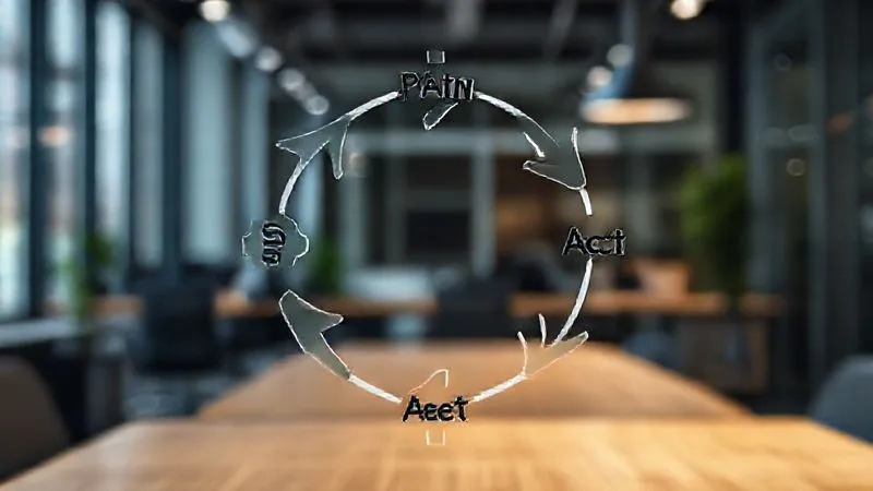 A photorealistic image of a circular diagram representing a continuous improvement loop (Plan, Do, Check, Act) with gears interlinking, symbolizing a dynamic and evolving workflow. The background is a blurred, modern office space. Cinematic lighting, sharp focus on the diagram, depth of field. Professional photography, 8K hyper-detailed.